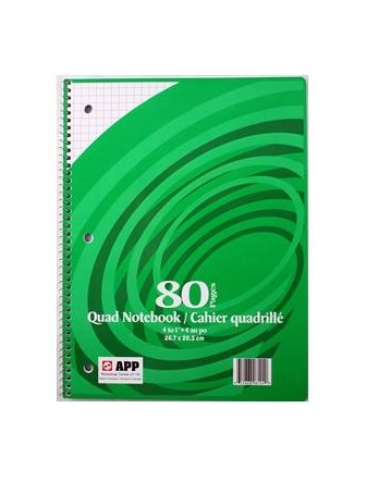 Cahier à reliure spirale, Quadrillé 4 carrés au pouce, 80 pages