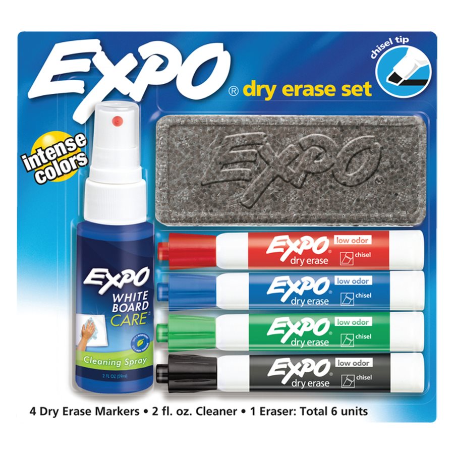 EXPO Dry Erase Set, Includes 4 dry erase chisel markers, 1 brush, 1 Expo® 2 oz cleaner