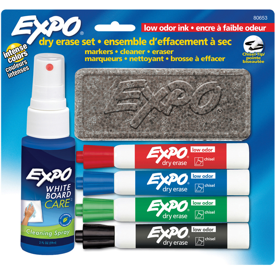 Ens. d'effacement à sec EXPO, Comprend 4 marqueurs à pointe biseautée effaçables à sec, 1 brosse, 1 nettoyant liquide