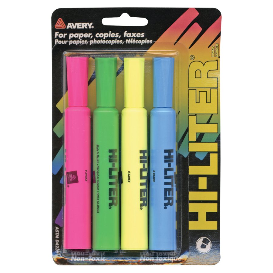 Hi-Liter Highlighters, Chisel Tip (Pkg 4, pink, green, yellow, blue)