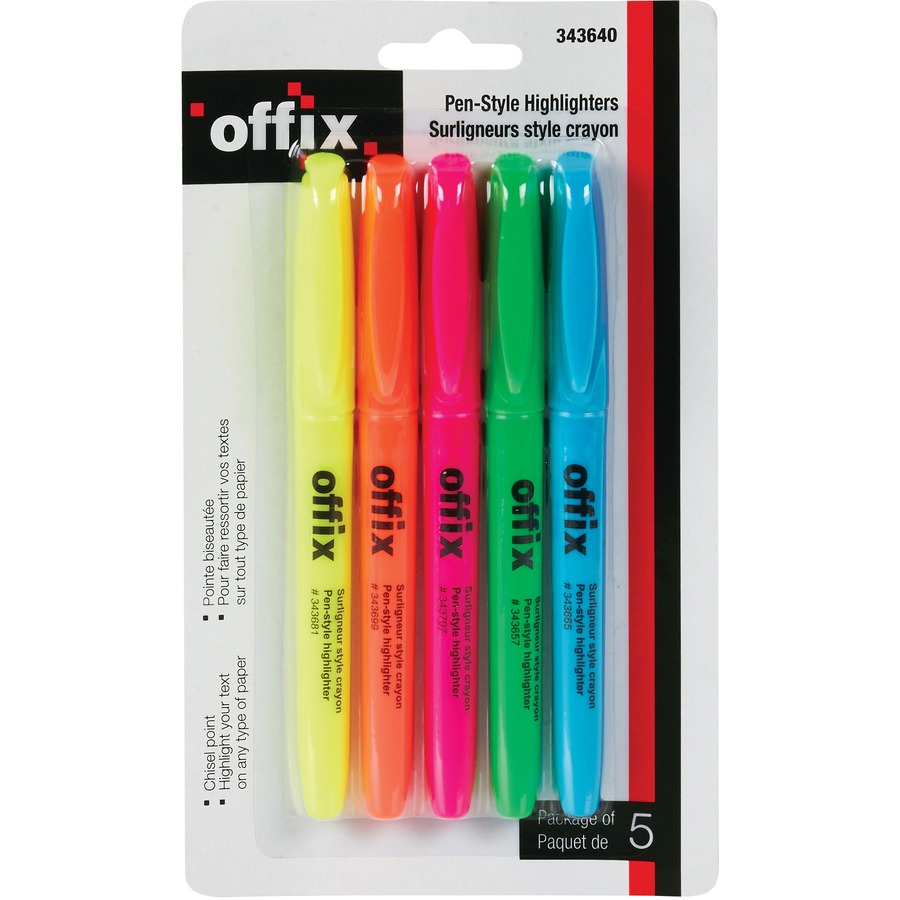 [343640] Ensemble de surligneurs Offix (pqt 5, Jaune, Orange, Rose, Vert, Bleu)
