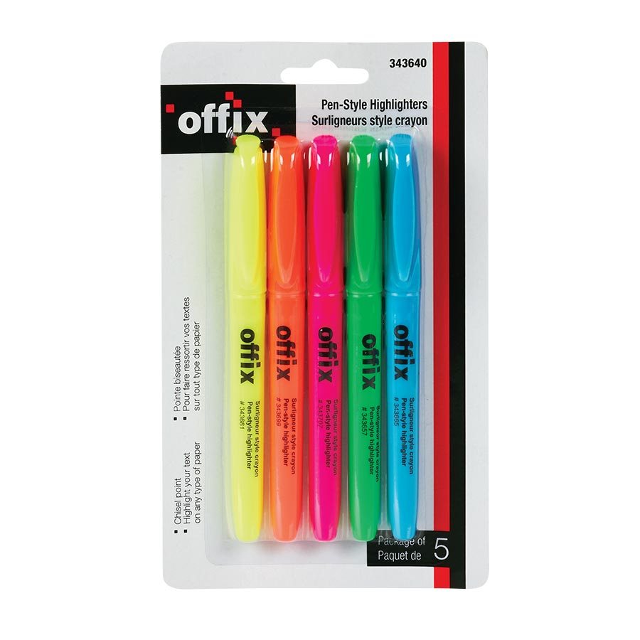 Ensemble de surligneurs Offix (pqt 5, Jaune, Orange, Rose, Vert, Bleu)