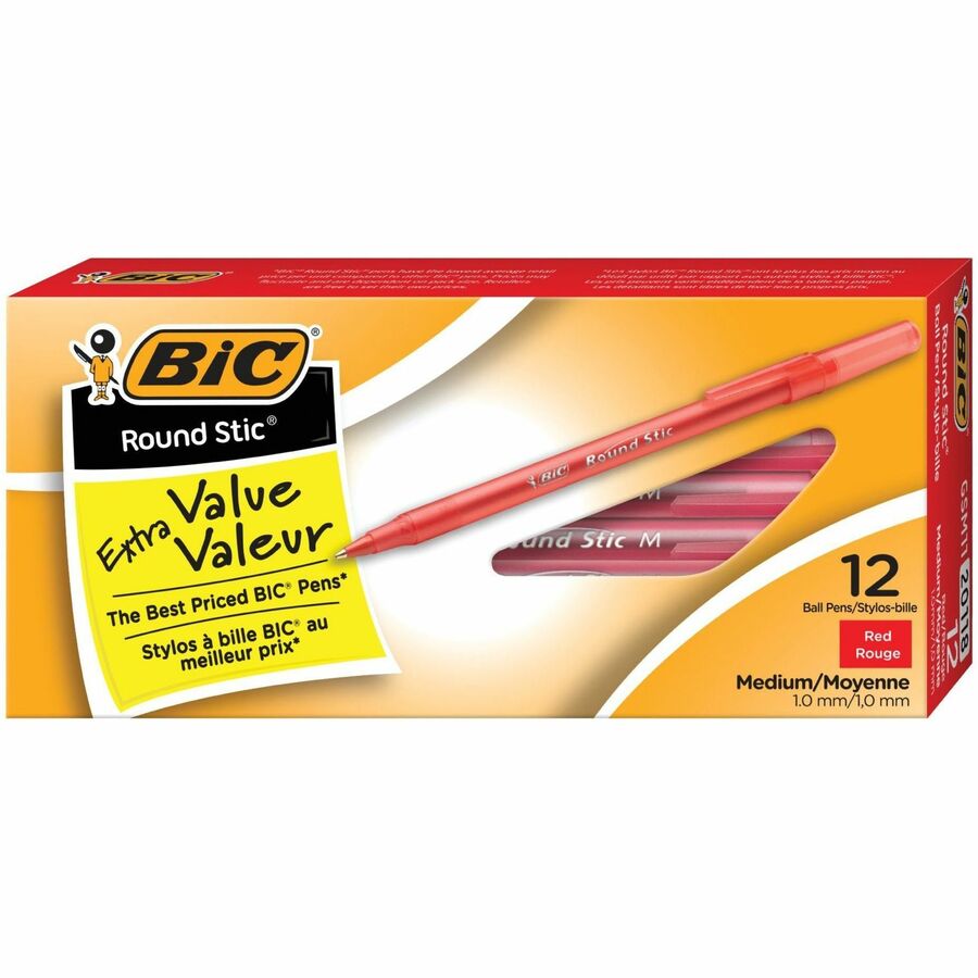 [660589] Round Stic Ballpoint Pens, Medium, Red (Box of 12)
