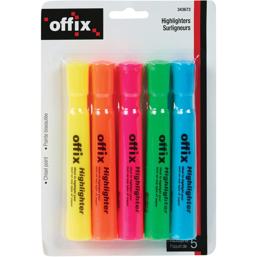 [343673] Offix Highlighters, Chisel Point (Pkg 5, yellow, orange, pink green, blue)