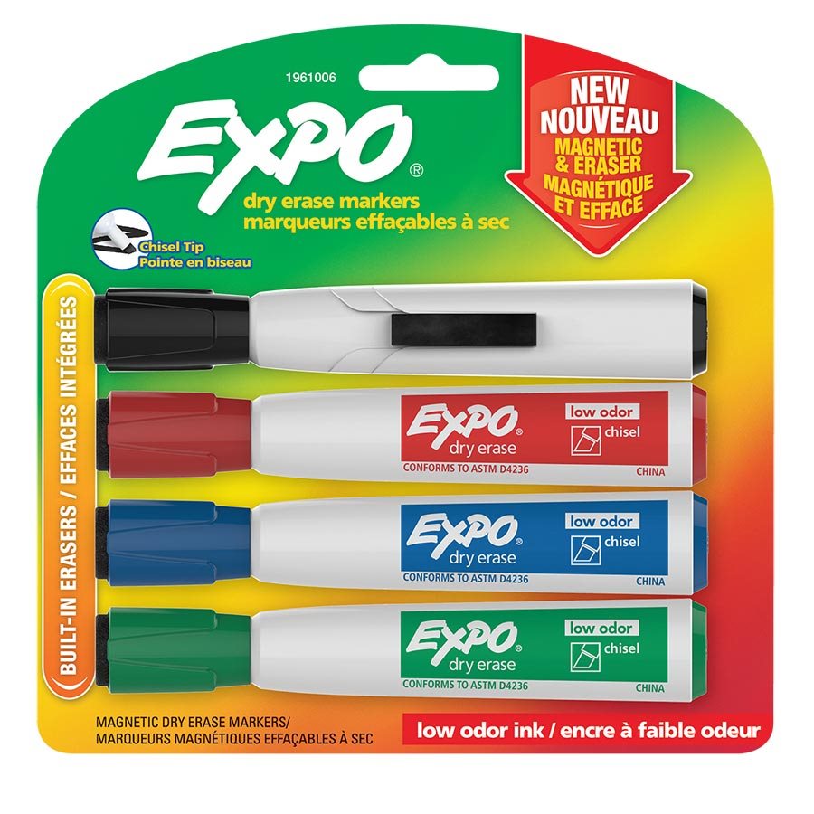 Expo Low Odour Whiteboard Markers, Chisel tip (Set of 4)