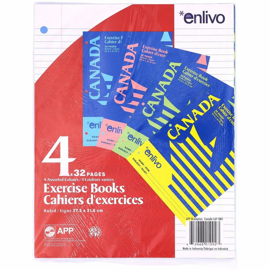 Canada Notebook, Ruled 7 mm, 32 pages (pkg of 4) (blue, yellow, pink, green)