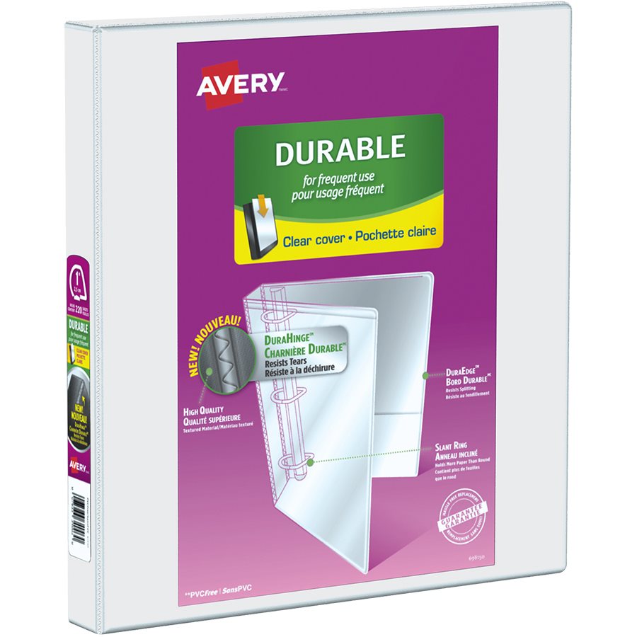 Binder Avery Durable View, D Rings with inside and outside pockets, 1", White