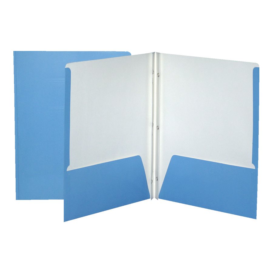 Laminated Cardboard Duo-tang with Fasteners and Pockets, Light Blue