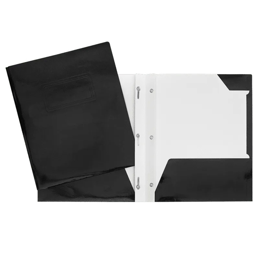 [737239] Laminated Cardboard Duo-tang with Fasteners and Pockets, Black