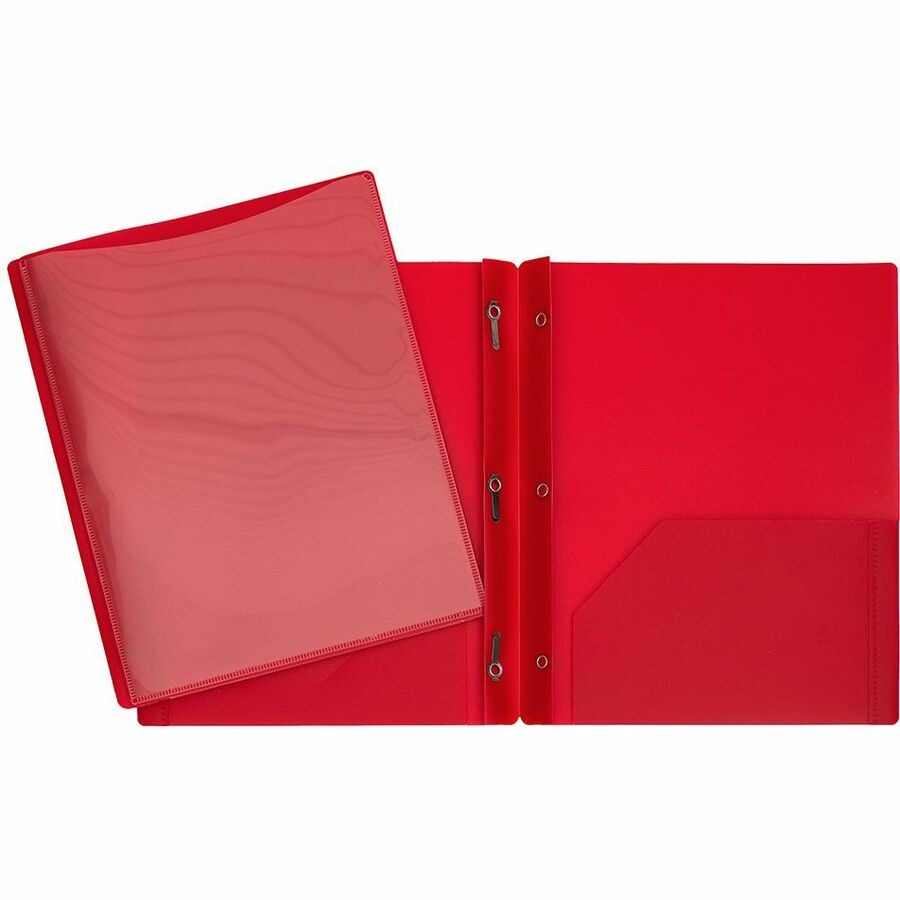 Duo-tang Plastique rigide avec attaches et pochettes avec pochette transparente à l'avant, Rouge