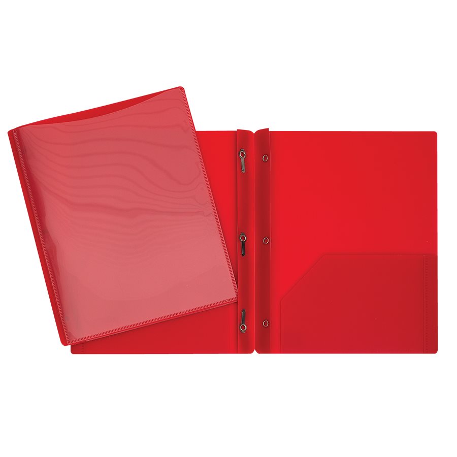 Duo-tang Plastique rigide avec attaches et pochettes, Pochette transparente à l'avant, Rouge