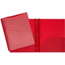 Hard Plastic Duo-tang with Fasteners and Pockets, Clear front pocket, Red