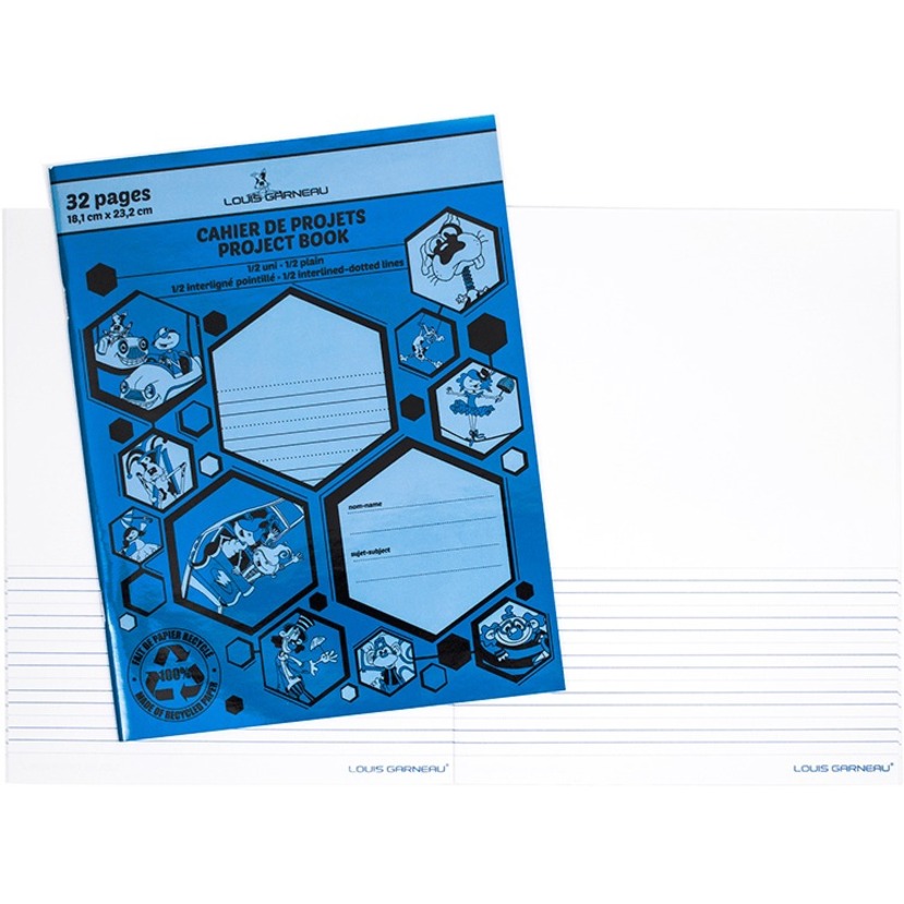 [747220] Cahier de projet Louis Garneau, 1/2 Uni, 1/2 Interligné et pointillé, Bleu (LG30)