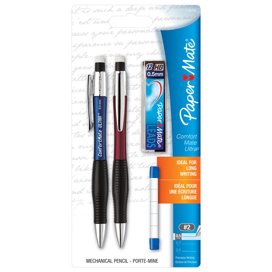 ComfortMate Ultra® Mechanical Pencils, 0,5 mm, Package of 2. Includes 12 HB leads and 5 eraser refills