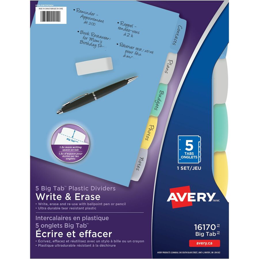 Big Tab™ Write & Erase Plastic Dividers (Pack of 5)