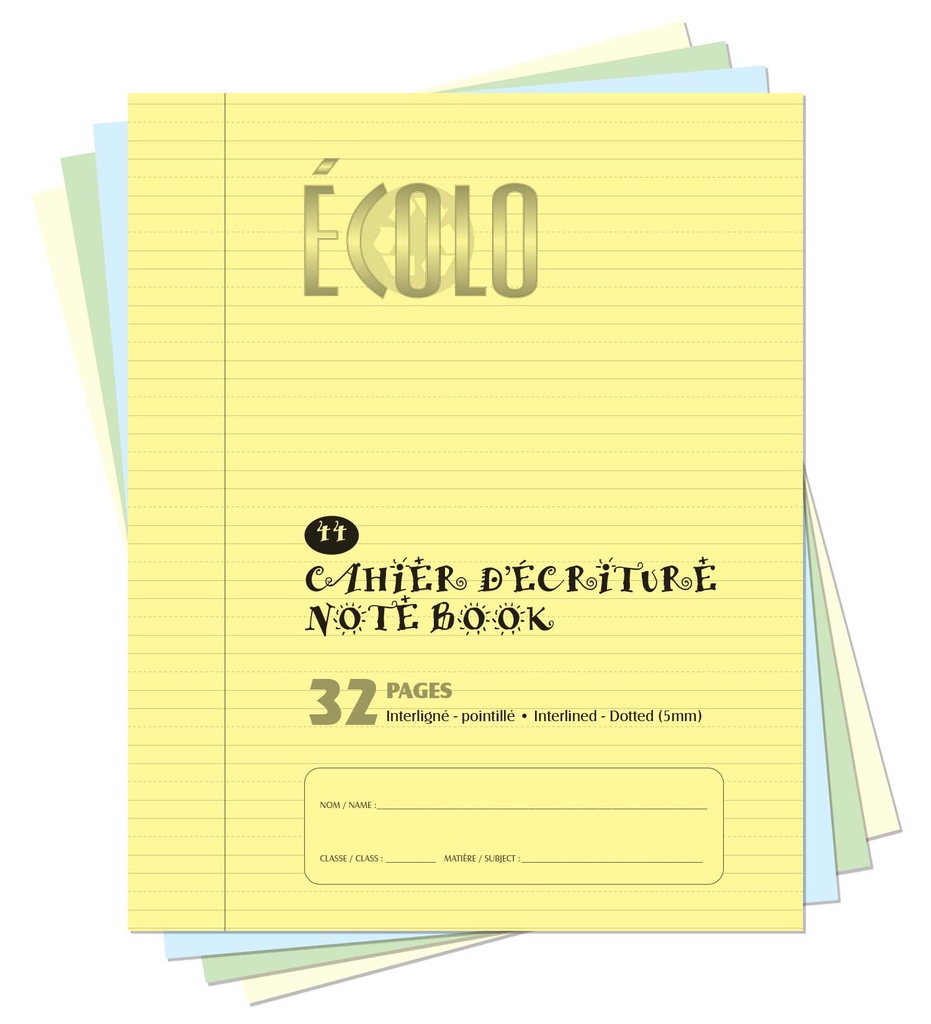 Cahier d'écriture Écolo #44, Interligné et pointillé, 40 pages, Jaune