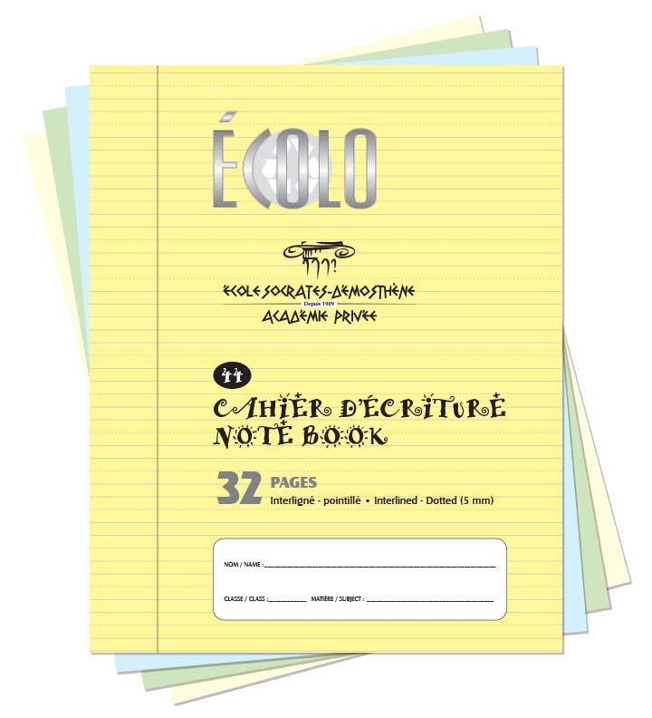 Cahier d'écriture «Écolo» #44, Interligné et pointillé, 32 p., Jaune