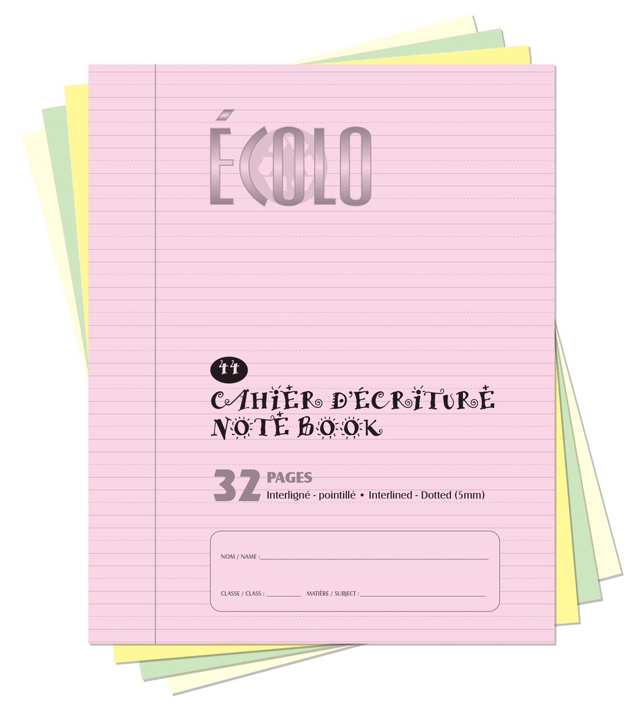 Écolo Writing Book #44, Interlined and Dotted, 32 p., Pink