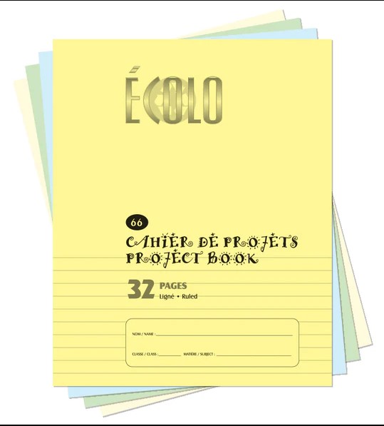 Cahier de projet Écolo #66B, 1/2 interligné et pointillé - 1/2 blanc, 32 pages, Jaune