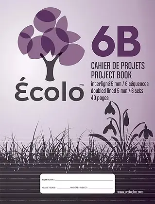 [EC6B] Cahier de projet Écolo #6B, Interligné et pointillé au bas, 6 séquences, 3 trous, 40 pages