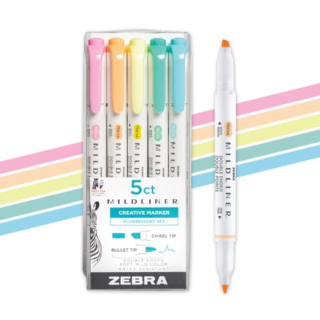[834763] Zebra Mildliner Highlighters, Double ended, 5 Fluorescent Colors (pink, orange, yellow, green, blue)