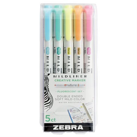 Surligneurs Zebra Mildliner double pointe, 5 couleurs fluorescentes (rose, orange, jaune, vert bleu)