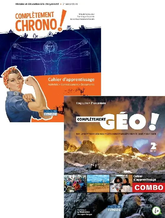 Combo cahiers d'apprentissages (Sec. 2) Complétement Géo! et Complétement Chrono! incluant le fascicule Mes bases en géo + activités int. - 1 an - Versions imprimée et numérique (ISBN: 9998202510544)