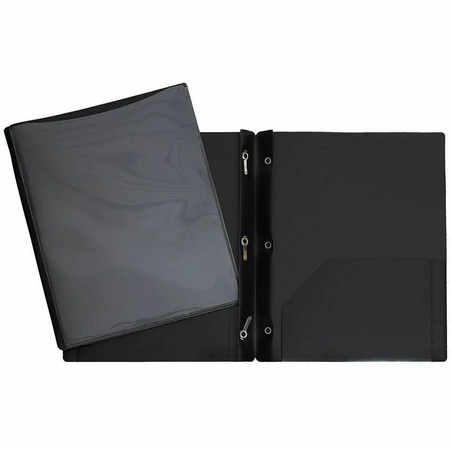 Hard Plastic Duo-tang with Fasteners and Pockets, Clear front pocket, Black