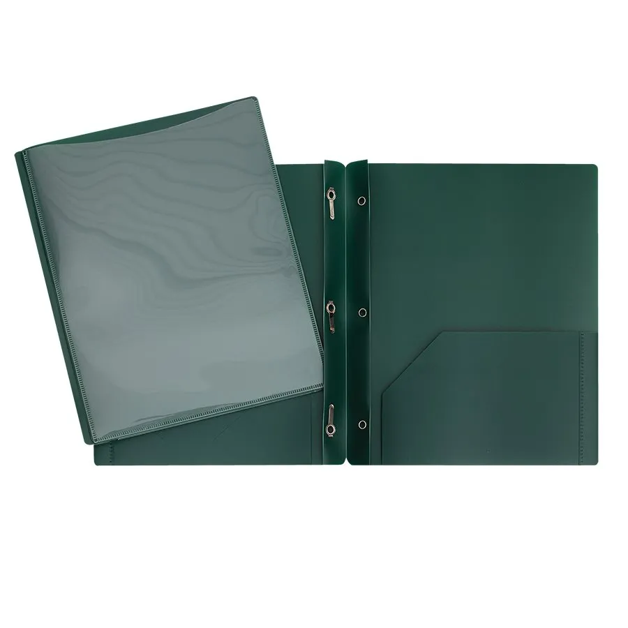 [737833] Hard Plastic Duo-tang with Fasteners and Pockets, Clear front pocket (Green)
