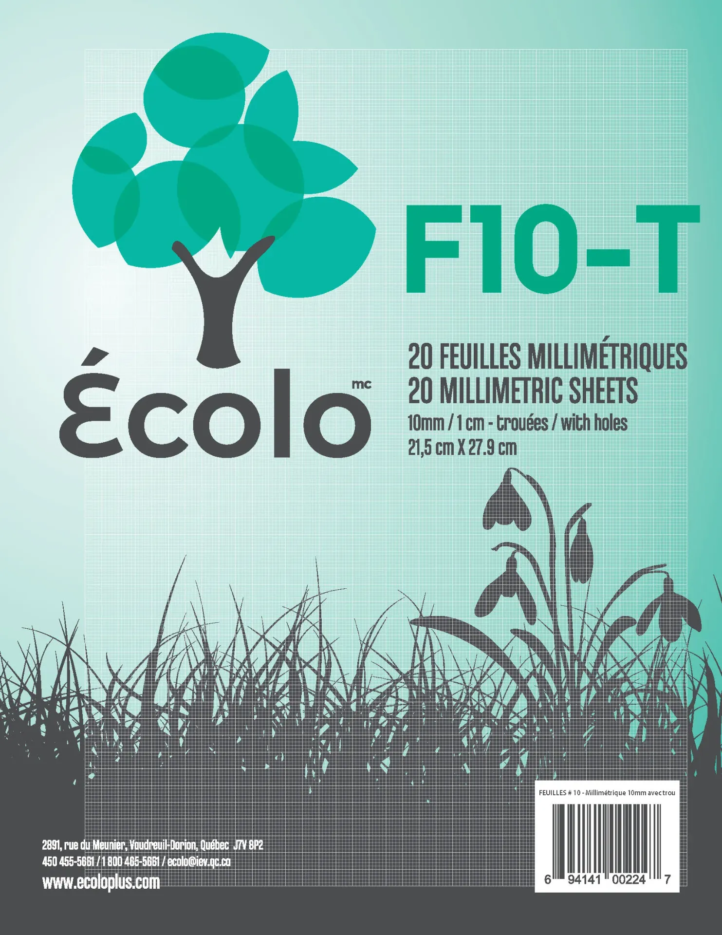 [F10-T] Feuilles millimétiques Troués (paquet de 20 fls)