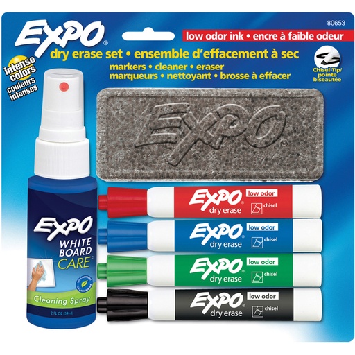 EXPO Dry Erase Set, Includes 4 dry erase chisel markers, 1 brush, 1 Expo® 2 oz cleaner