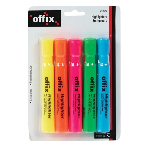 Offix Highlighters, Chisel Point (Pkg 5, yellow, orange, pink green, blue)