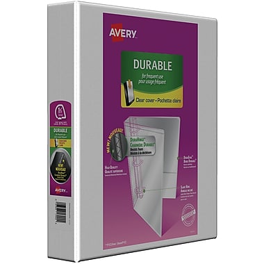 Binder Avery Durable View, D Rings with inside and outside pockets, 1-1/2", White