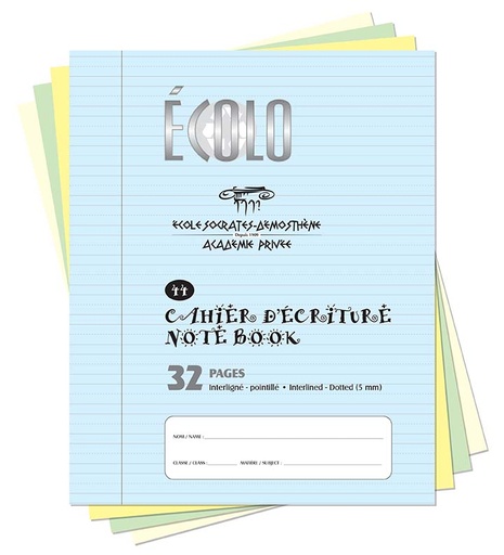 Cahier d'écriture «Écolo» #44, Interligné et pointillé, 32 p., Bleu