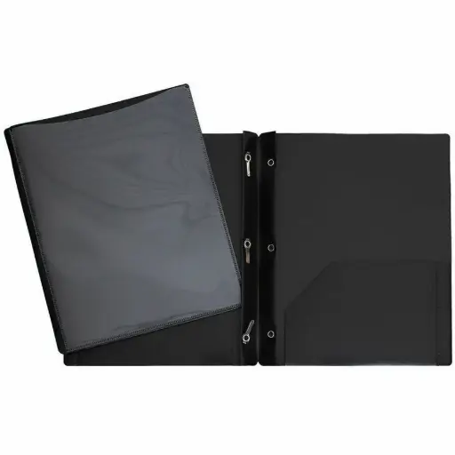 Duo-tang Plastique rigide avec attaches et pochettes avec pochette transparente à l'avant, Noir